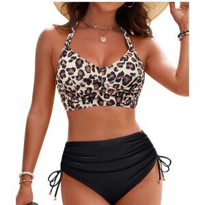 Womens Med Leopard Print Bikini Set Tie Back High Waist Bottoms Crisscross Sexy